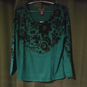 Chic Teal and Black Floral Women's Sweater